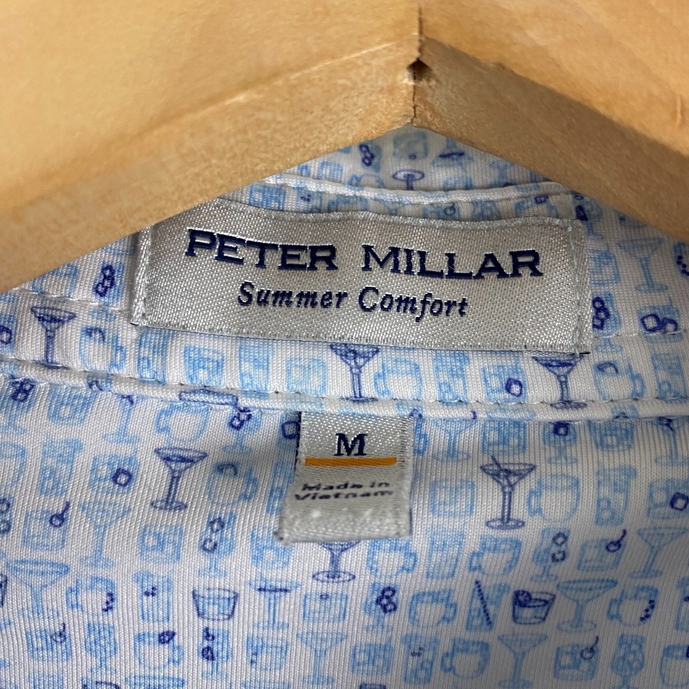 Peter Millar Golf Polo shirt M Cocktail Friday Margarita White Blue Print AOP - Picture 3 of 15